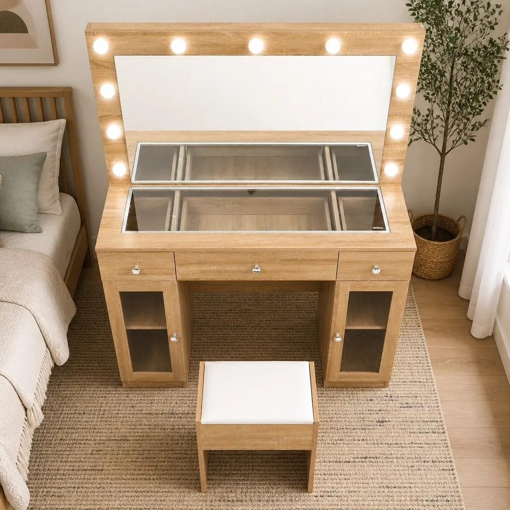 Dressing Table Wood with LED Hollywood Mirror RGB Bulbs 3 Drawers USB Charging Station Foam Padded Stool