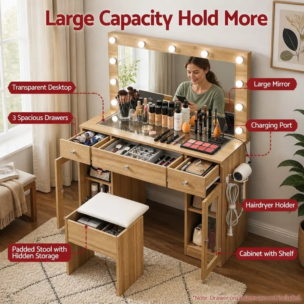 Dressing Table Wood with LED Hollywood Mirror RGB Bulbs 3 Drawers USB Charging Station Foam Padded Stool