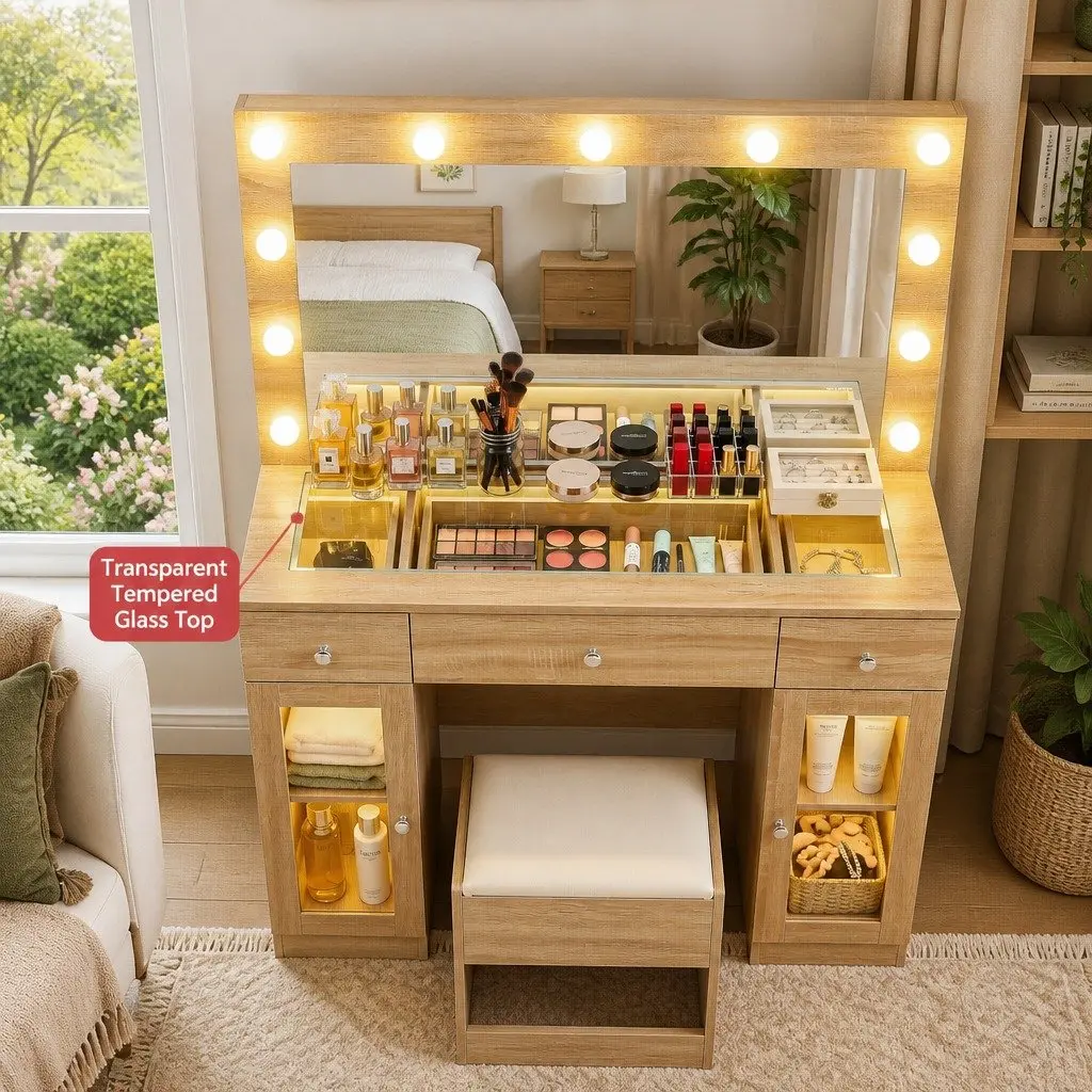 Dressing Table Wood with LED Hollywood Mirror RGB Bulbs 3 Drawers USB Charging Station Foam Padded Stool