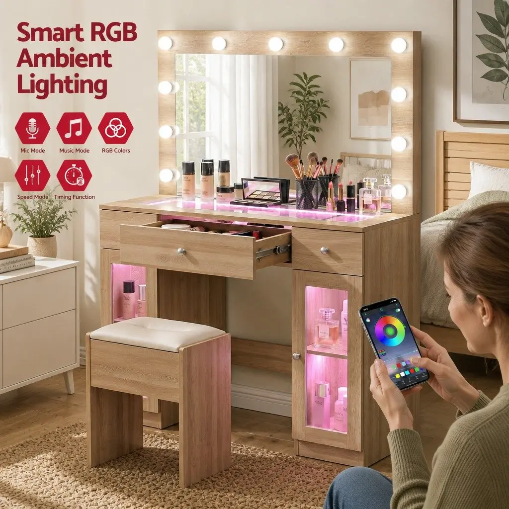 Dressing Table Wood with LED Hollywood Mirror RGB Bulbs 3 Drawers USB Charging Station Foam Padded Stool