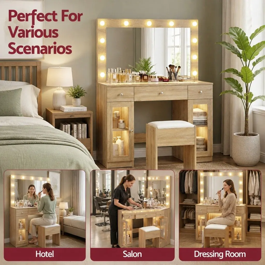 Dressing Table Wood with LED Hollywood Mirror RGB Bulbs 3 Drawers USB Charging Station Foam Padded Stool