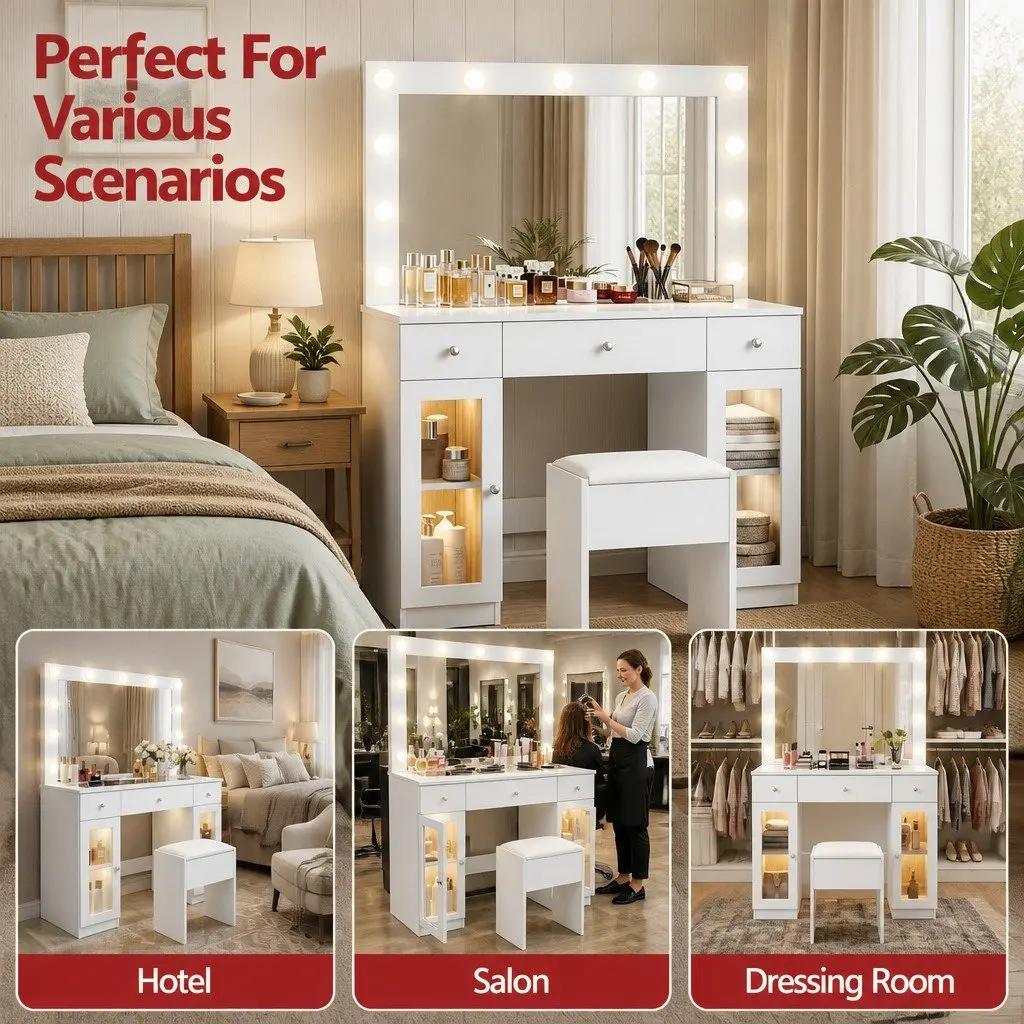 Dressing Table Vanity Desk White Large Hollywood Mirror with LED Bulbs RGB Light