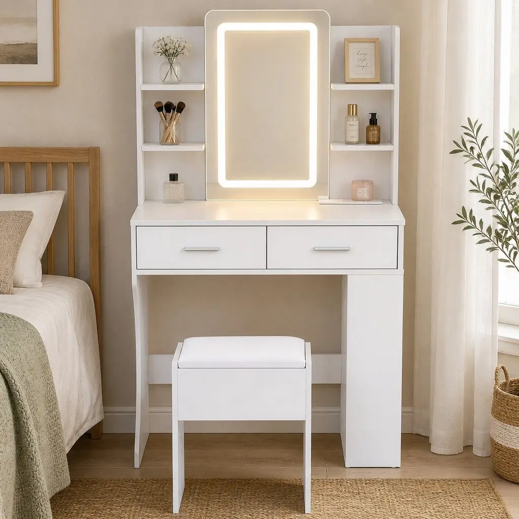 LED Vanity Dressing Table White Compact with Hollywood Style Mirror Adjustable Light and Padded Stool