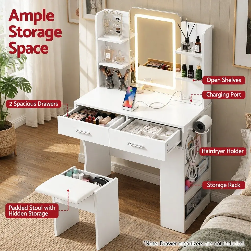 LED Vanity Dressing Table White Compact with Hollywood Style Mirror Adjustable Light and Padded Stool