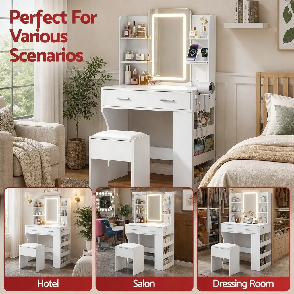 LED Vanity Dressing Table White Compact with Hollywood Style Mirror Adjustable Light and Padded Stool