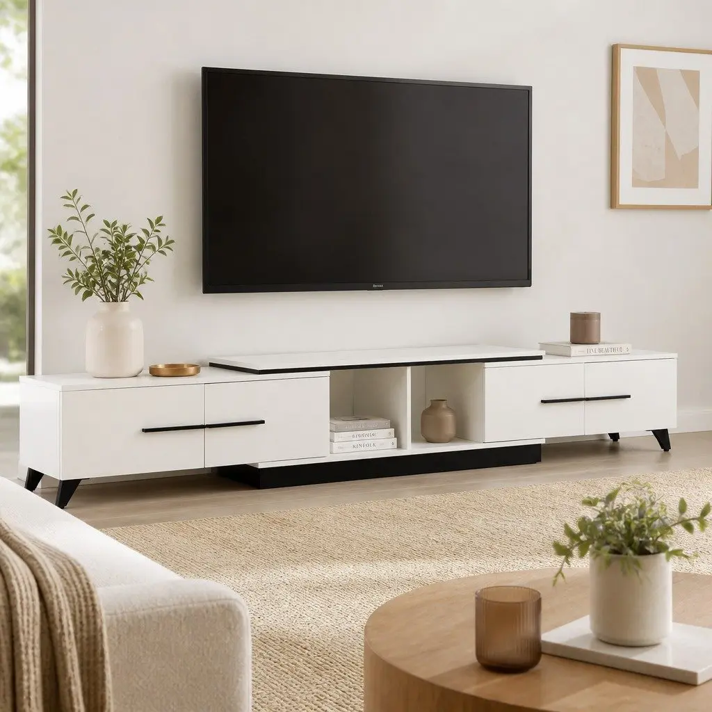 Extendable TV Cabinet White 190-260cm 4 Storage Drawers