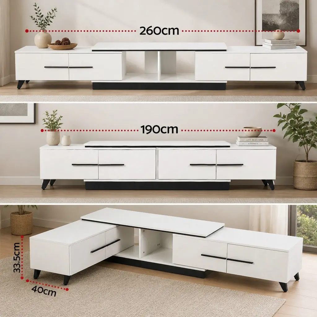 Extendable TV Cabinet White 190-260cm 4 Storage Drawers