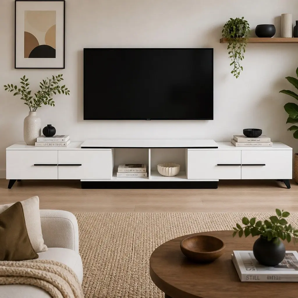 Extendable TV Cabinet White 190-260cm 4 Storage Drawers