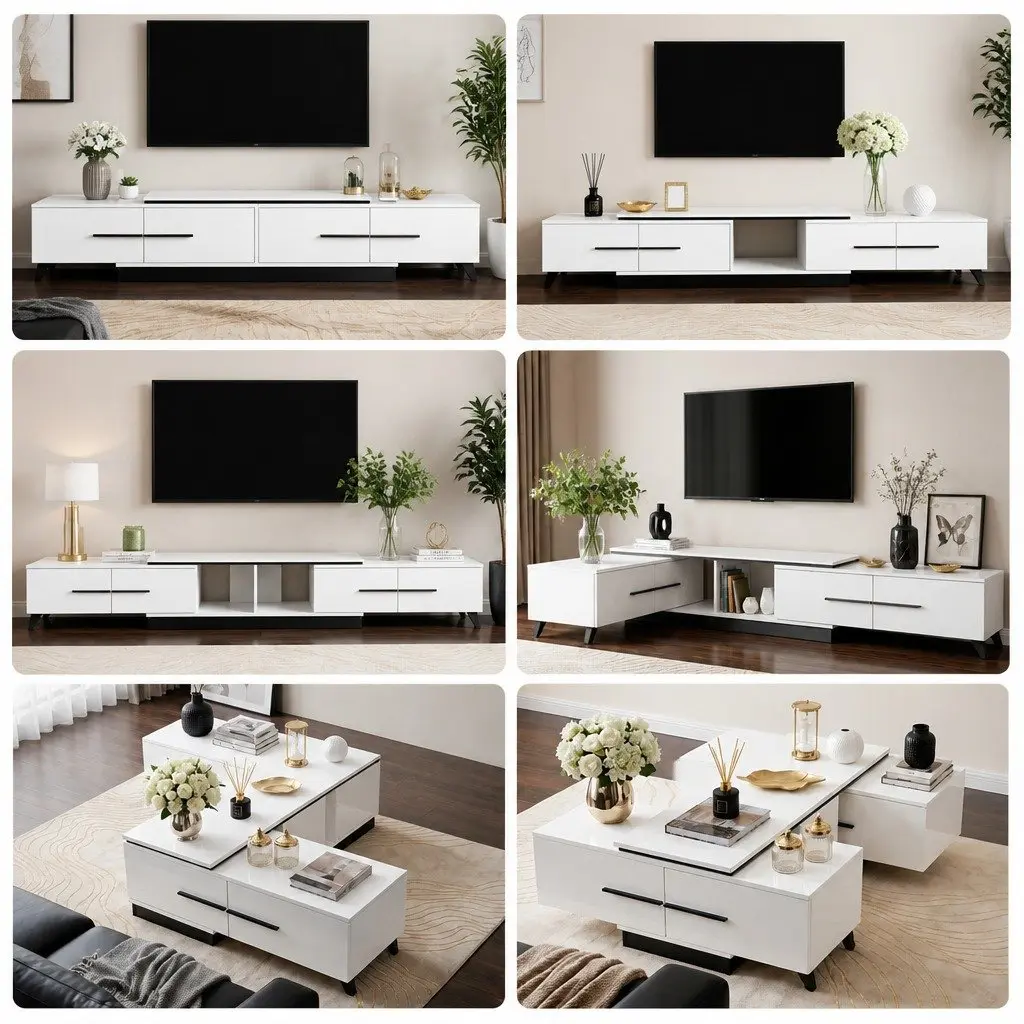 Extendable TV Cabinet White 190-260cm 4 Storage Drawers