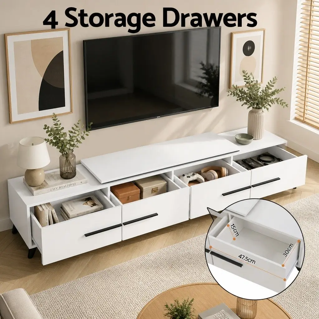 Extendable TV Cabinet White 190-260cm 4 Storage Drawers