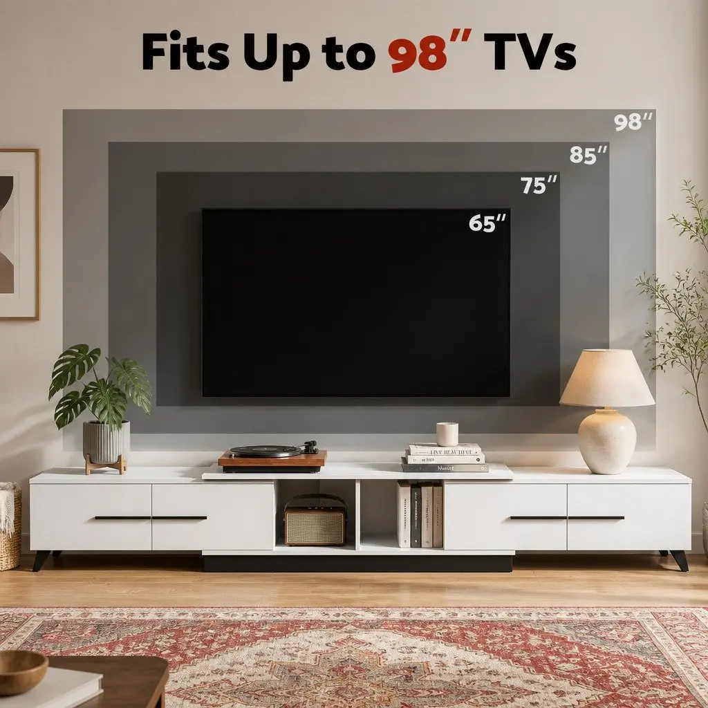 Extendable TV Cabinet White 190-260cm 4 Storage Drawers