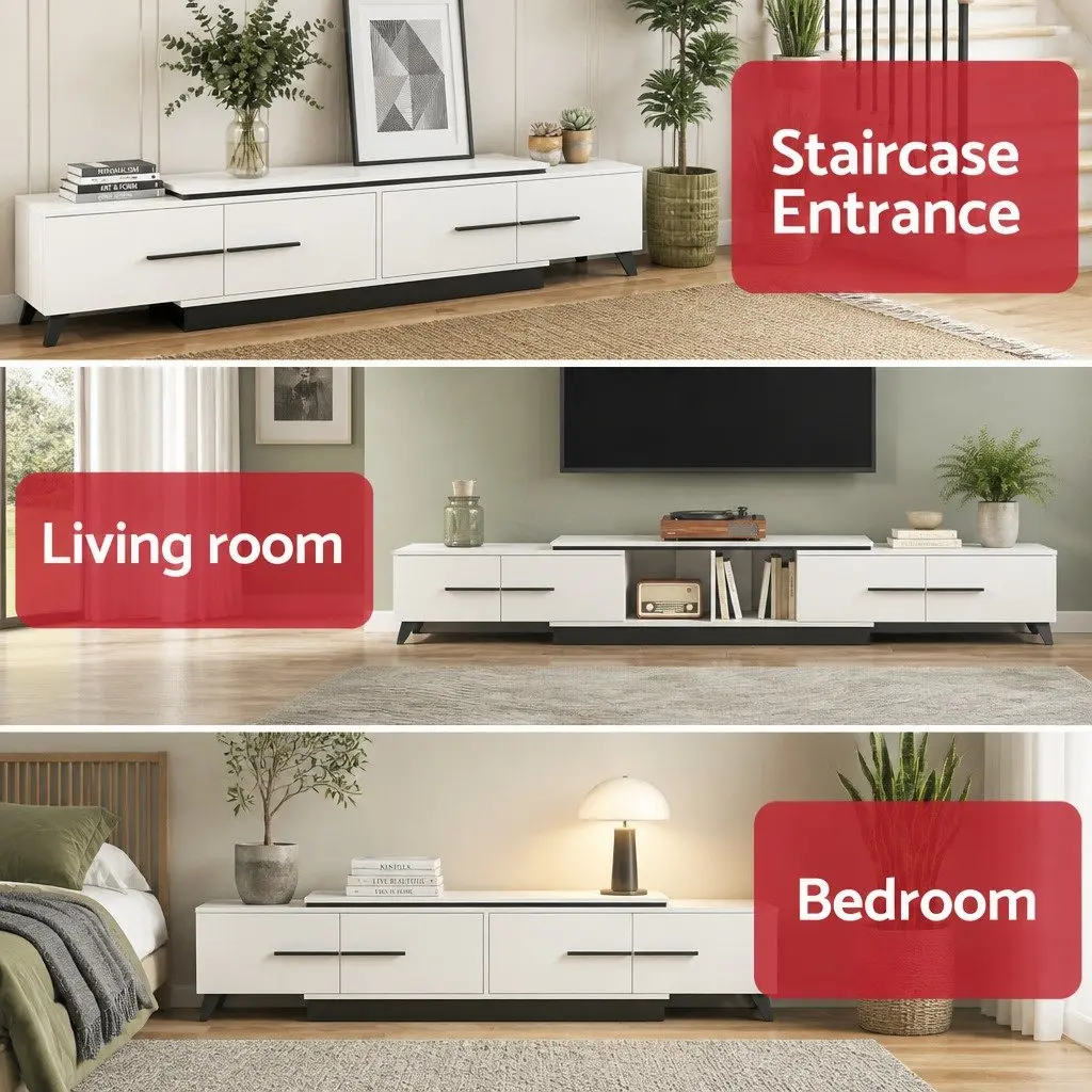 Extendable TV Cabinet White 190-260cm 4 Storage Drawers