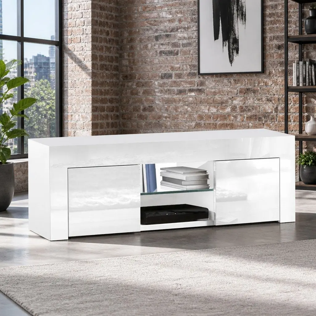 TV Unit White 130cm Entertainment Cabinet with Open Shelves and Storage Cabinets