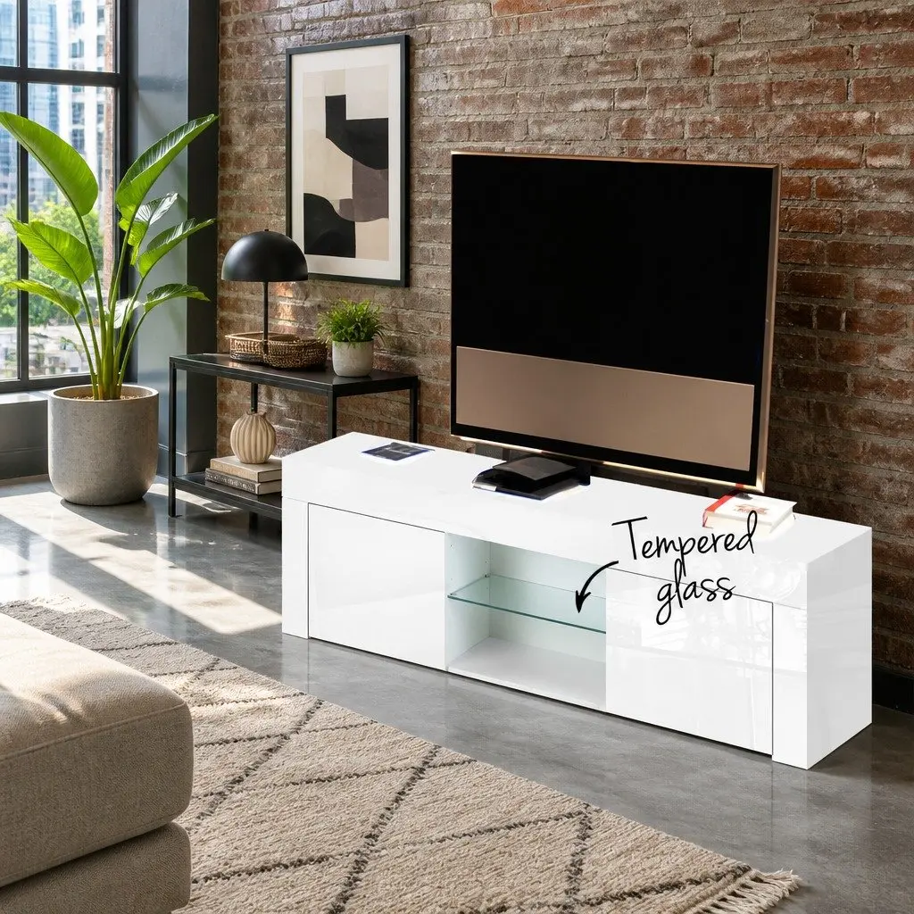 TV Unit White 130cm Entertainment Cabinet with Open Shelves and Storage Cabinets