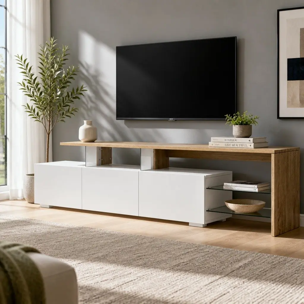 TV Cabinet Entertainment Unit 180cm White Wood Dual-Tone Drawers Shelves Living