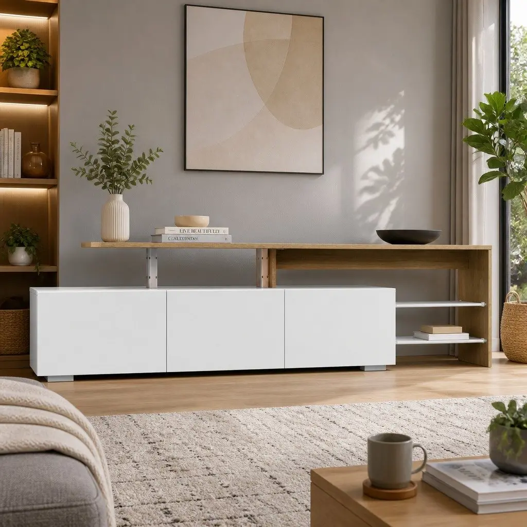 TV Cabinet Entertainment Unit 180cm White Wood Dual-Tone Drawers Shelves Living