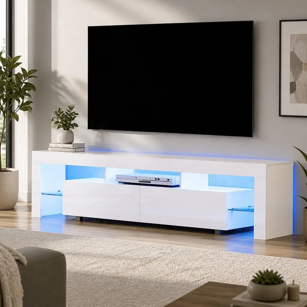 200cm White Gloss TV Cabinet with LED Lighting