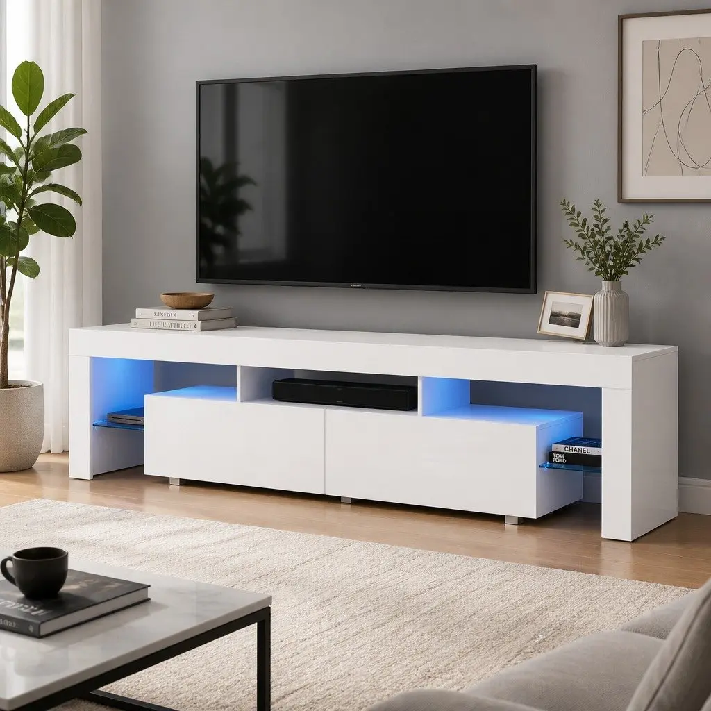 TV Cabinet White 200cm Gloss Storage Unit with RGB LED Lighting