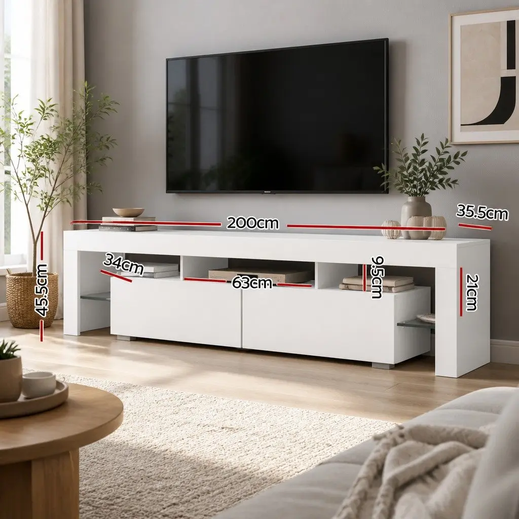 TV Cabinet White 200cm Gloss Storage Unit with RGB LED Lighting