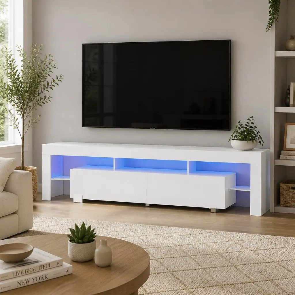 TV Cabinet White 200cm Gloss Storage Unit with RGB LED Lighting