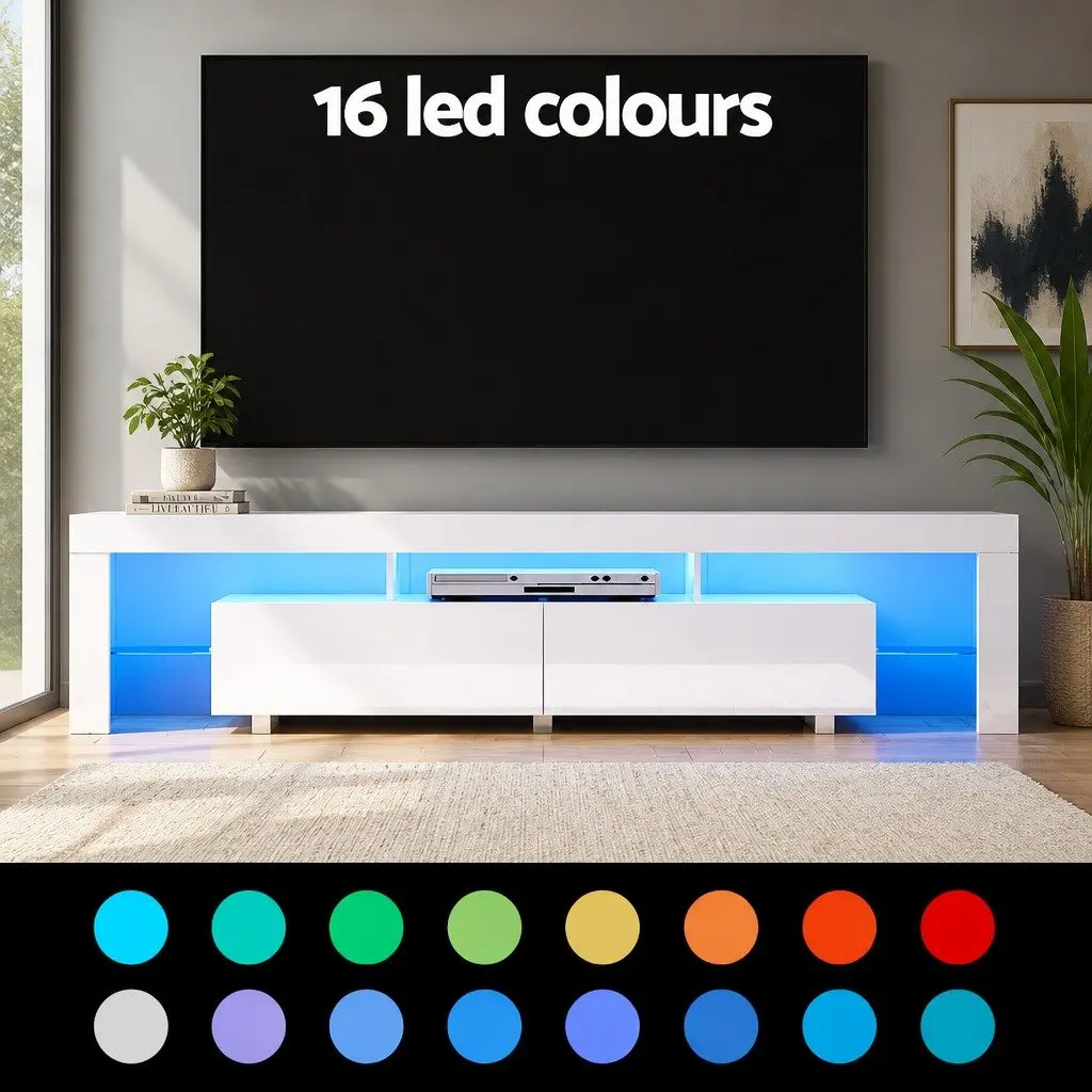 TV Cabinet White 200cm Gloss Storage Unit with RGB LED Lighting