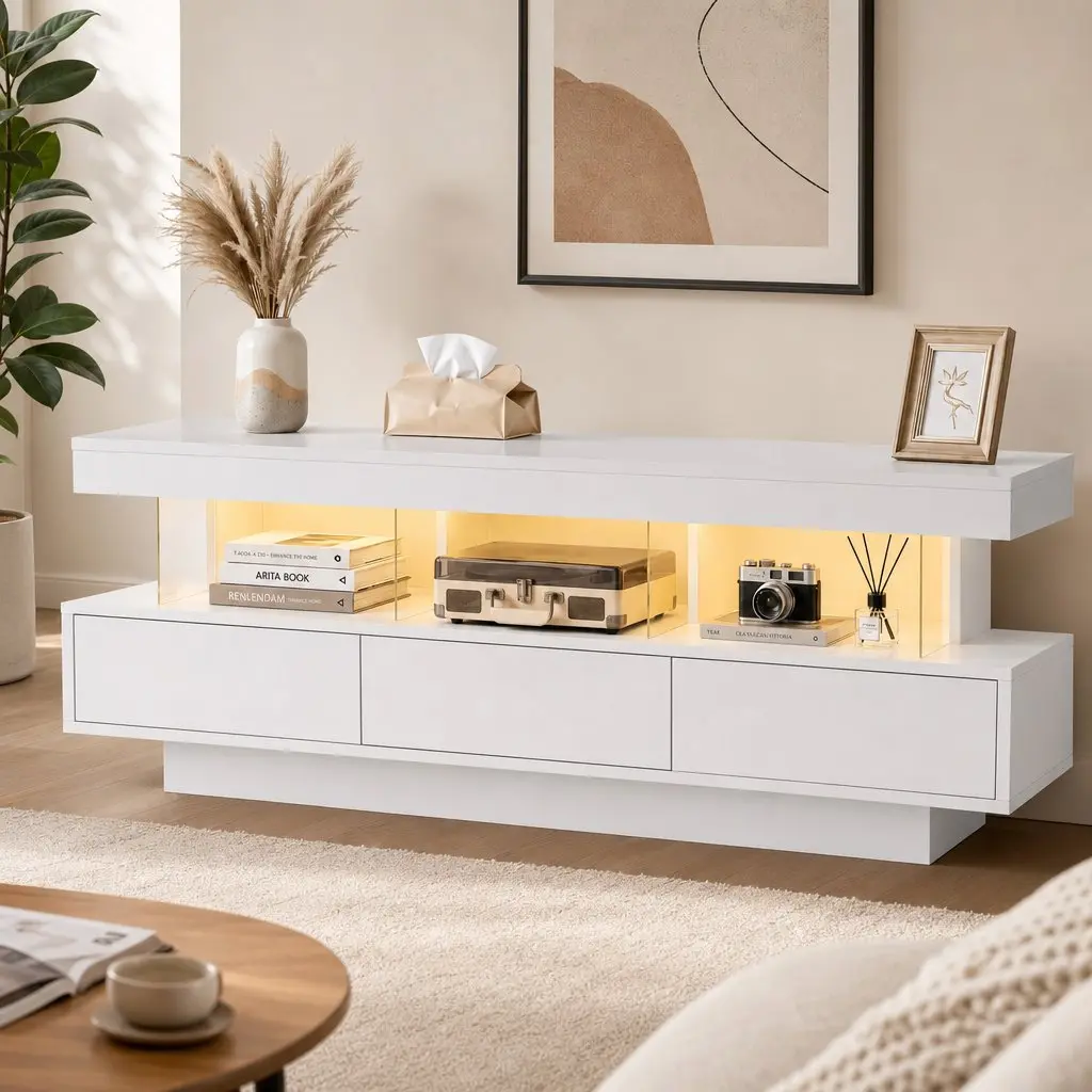 TV Unit 160CM LED Entertainment Storage Drawers White Living Room Bedroom