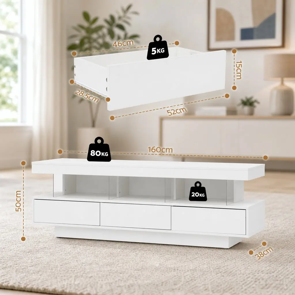 TV Unit 160CM LED Entertainment Storage Drawers White Living Room Bedroom