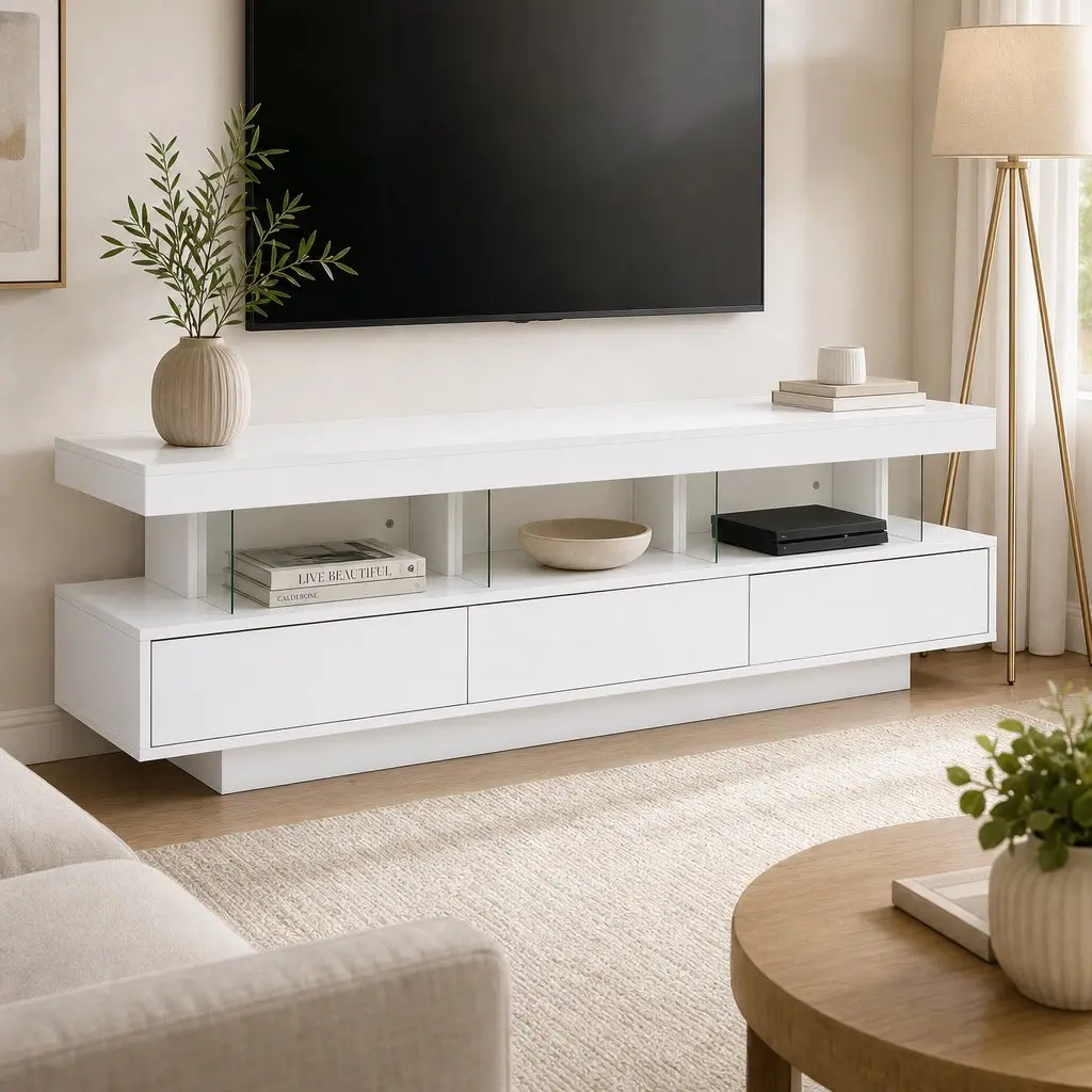 TV Unit 160CM LED Entertainment Storage Drawers White Living Room Bedroom