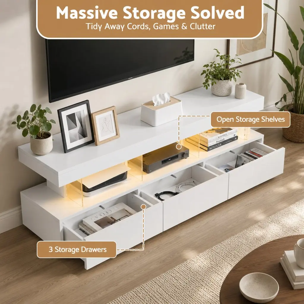 TV Unit 160CM LED Entertainment Storage Drawers White Living Room Bedroom