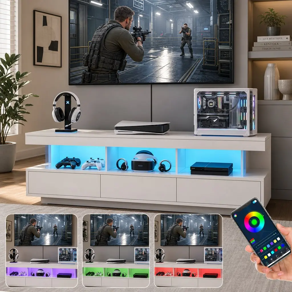 TV Unit 160CM LED Entertainment Storage Drawers White Living Room Bedroom