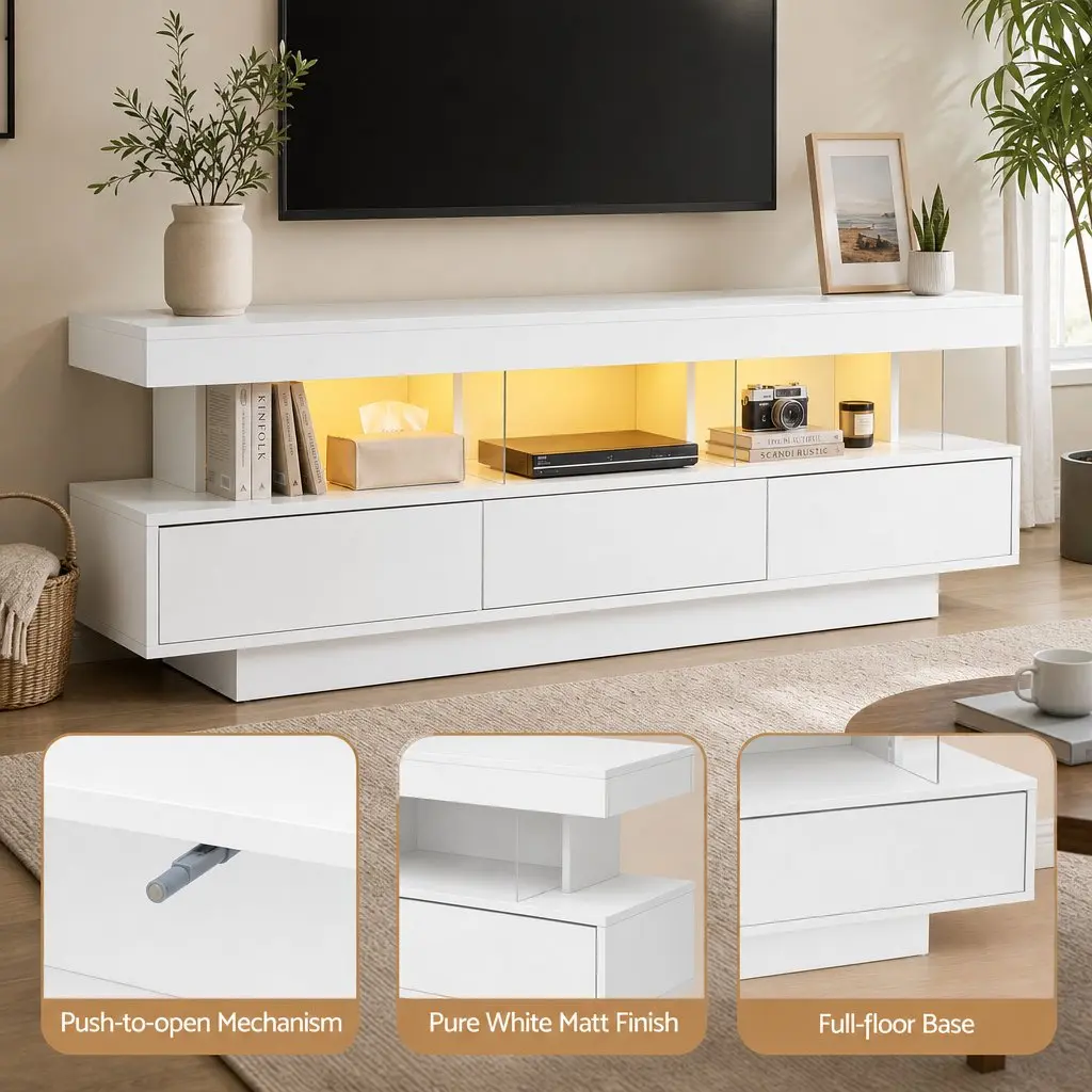 TV Unit 160CM LED Entertainment Storage Drawers White Living Room Bedroom