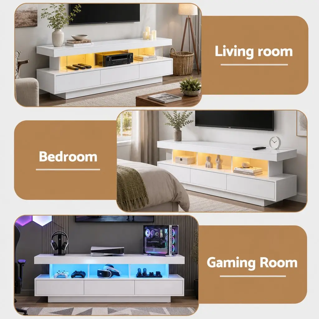 TV Unit 160CM LED Entertainment Storage Drawers White Living Room Bedroom