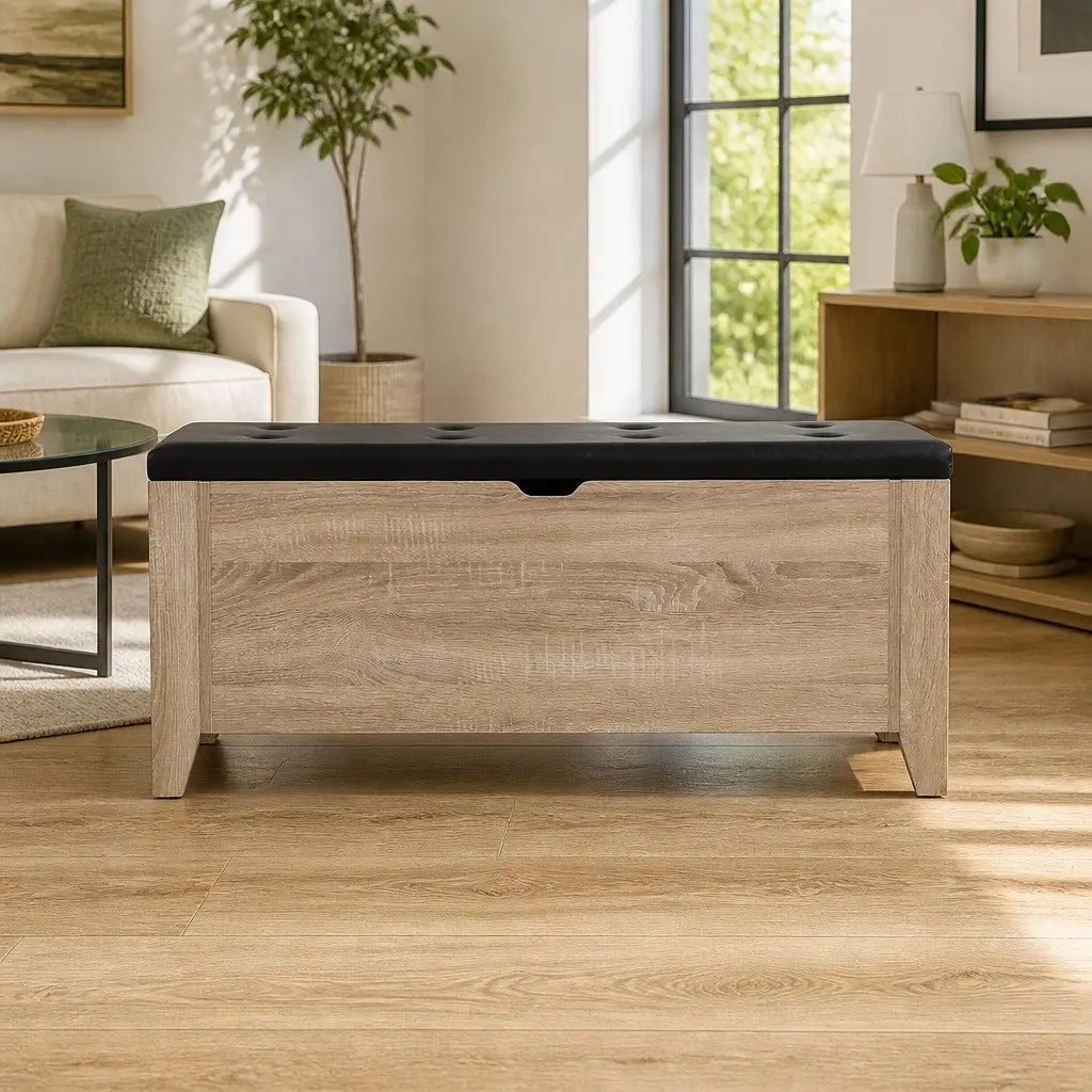Storage Ottoman Oak 106cm Tufted Seat with Hinged Opening