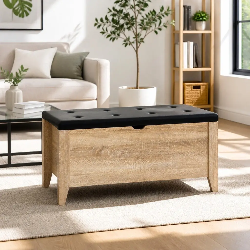Storage Ottoman Oak 106cm Tufted Seat with Hinged Opening