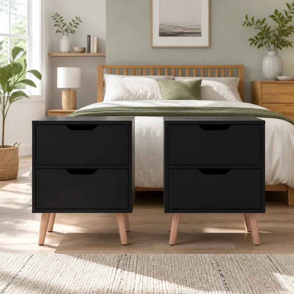 Bedside Table Black 40cm x 30cm x 50cm Two Drawers Storage Cabinet