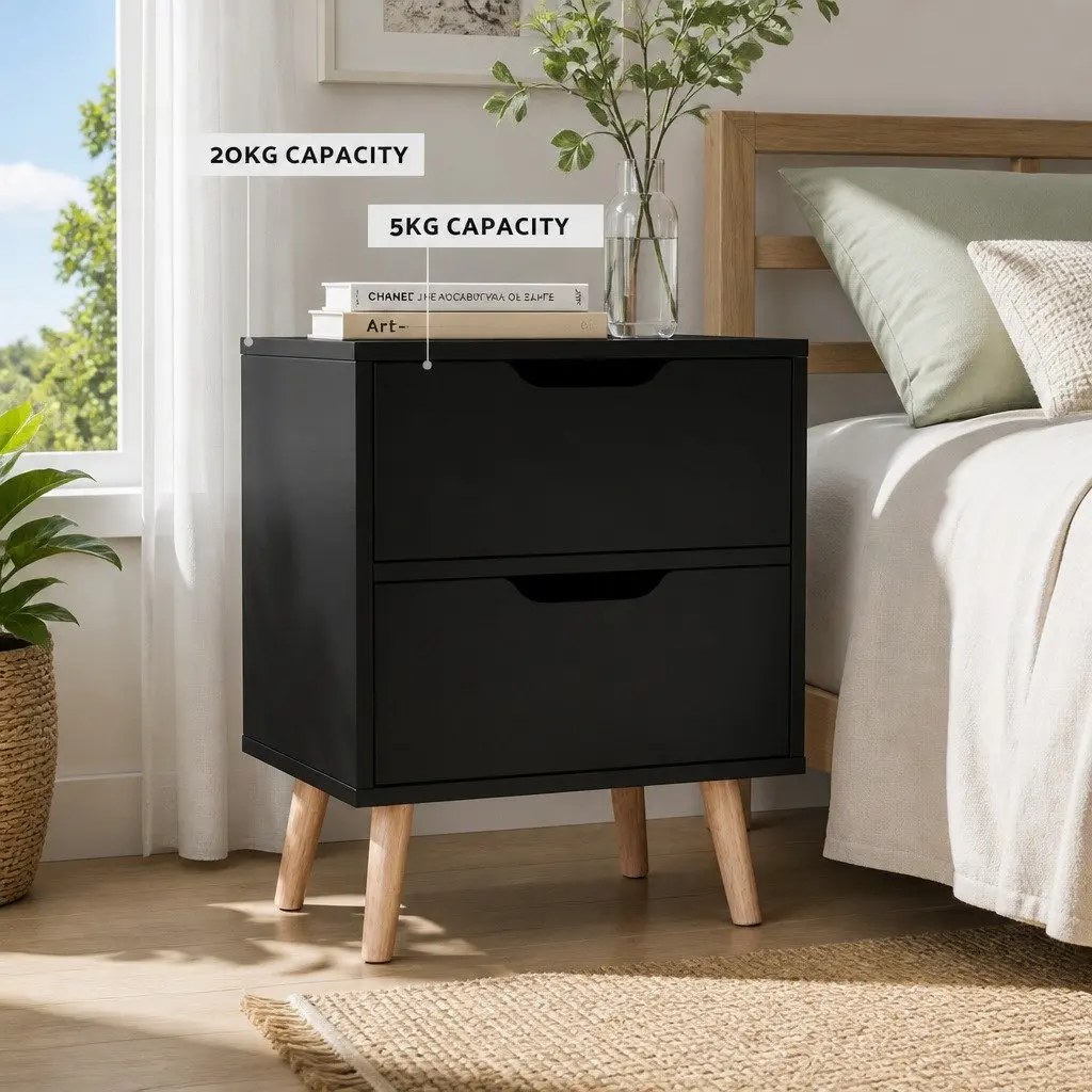 Bedside Table Black 40cm x 30cm x 50cm Two Drawers Storage Cabinet