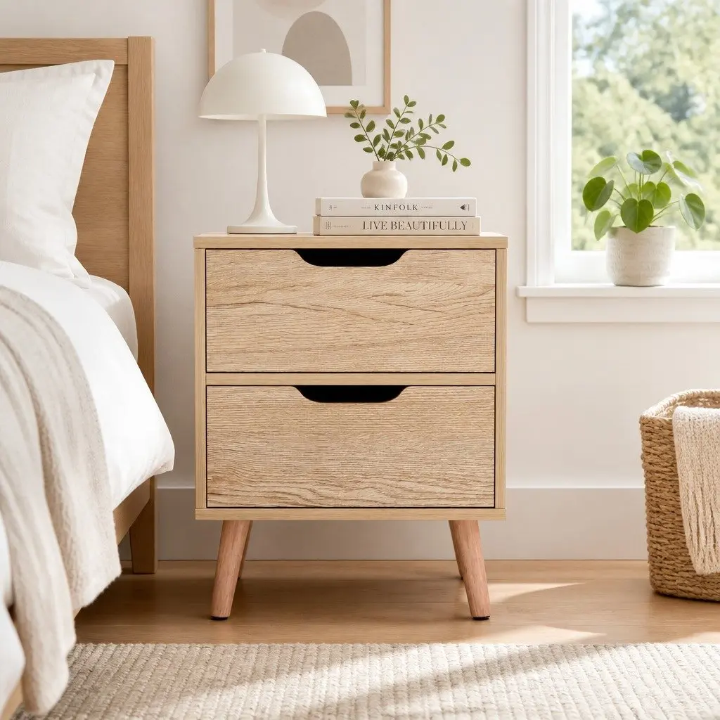 Black Bedside Table with 2 Easy-Access Drawers