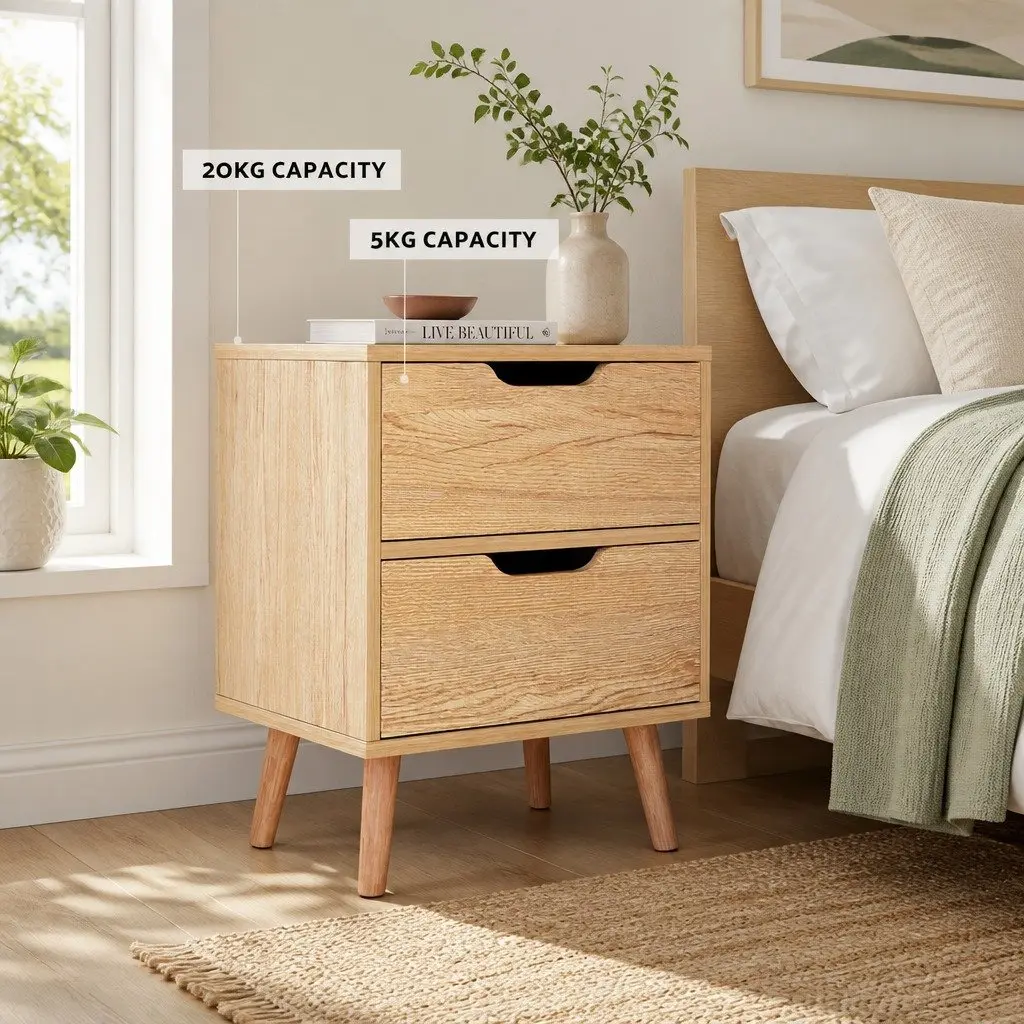 Black Bedside Table with 2 Easy-Access Drawers