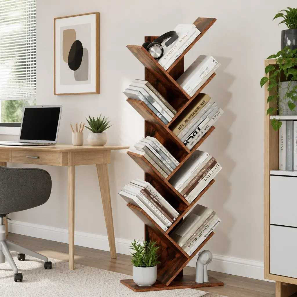 Tree Bookshelf Brown 9 Tier Freestanding Storage Display Stand