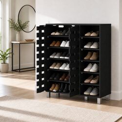 6 Tier Shoe Storage Cabinet Organiser Ventilated Slatted Door Black Shelf Unit