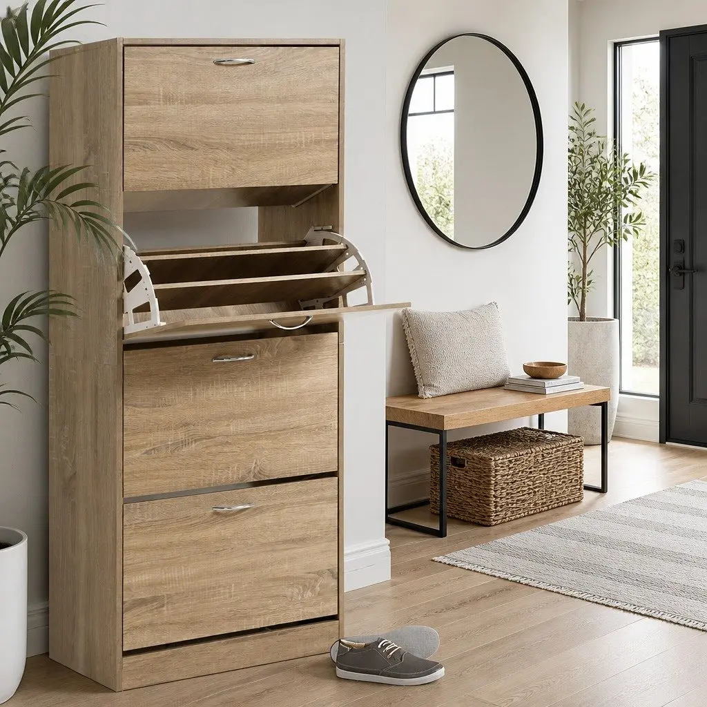 Shoe Rack Cabinet 4 Doors Storage Organiser 60 Pairs Adjustable Shelves Wood