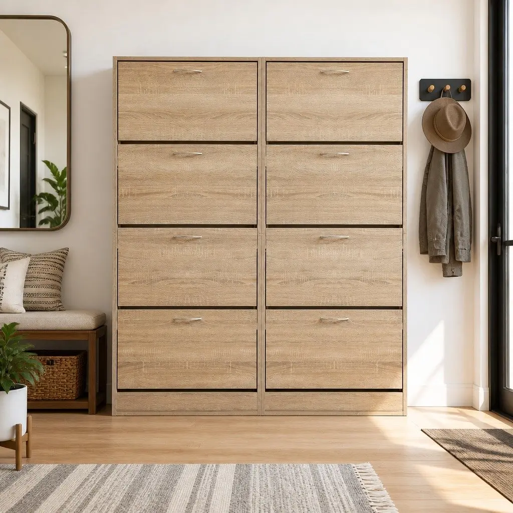Shoe Rack Cabinet 4 Doors Storage Organiser 60 Pairs Adjustable Shelves Wood