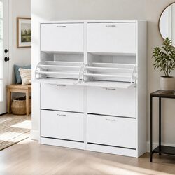 Shoe Cabinet Storage Organiser 2 Piece White 4 Flip Drawer Vertical Hallway Unit