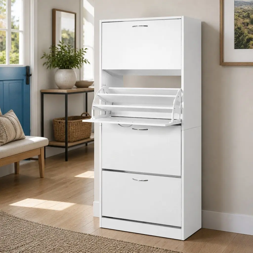 Shoe Cabinet Storage Organiser White 2 Piece Vertical Unit 4 Flip Drawer