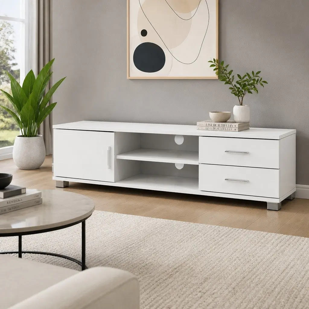 Entertainment Unit TV Cabinet 120cm White Living Room Storage Shelves Drawers