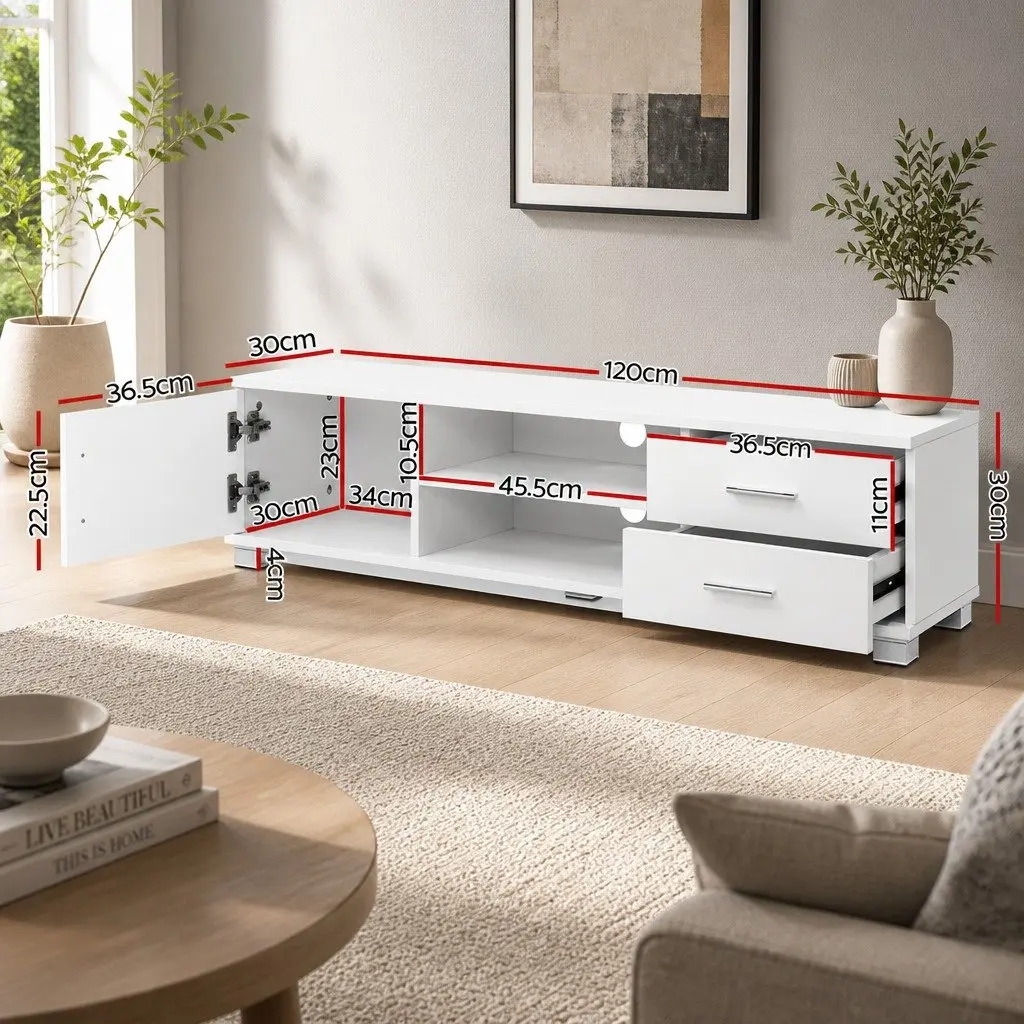 Entertainment Unit TV Cabinet 120cm White Living Room Storage Shelves Drawers