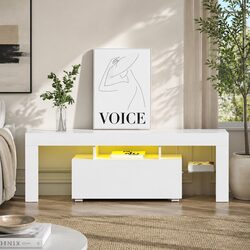 LED Entertainment Unit TV Cabinet 130cm White Storage Glass Shelves Modern