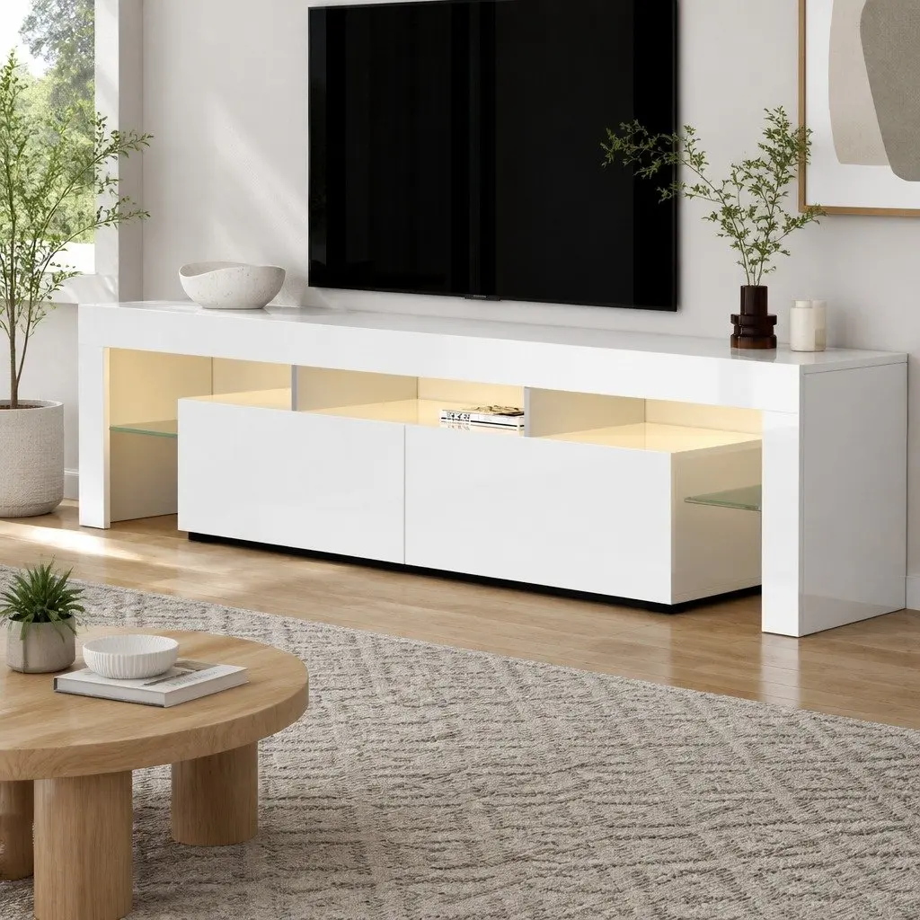 LED Entertainment Unit TV Cabinet 189cm White Storage Drawers Glass Shelf