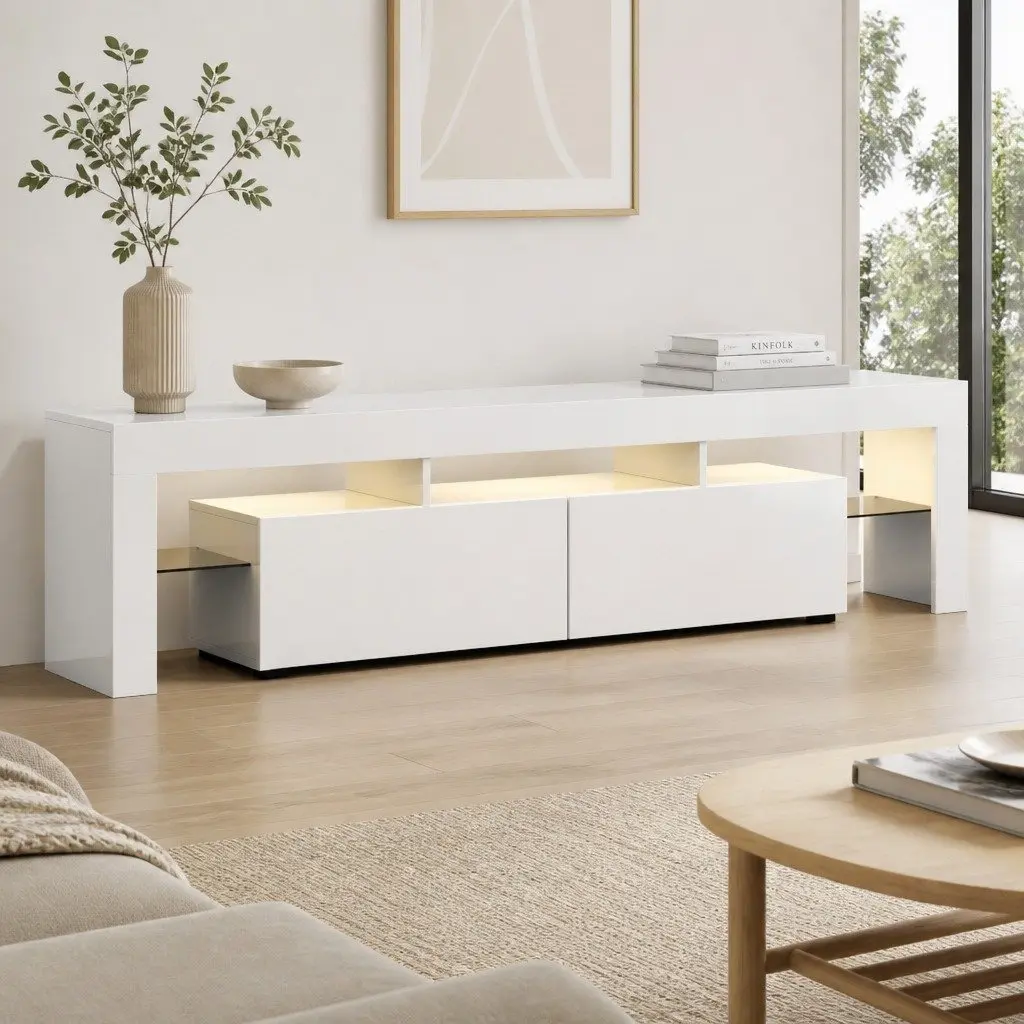 LED TV Unit White 189cm RGB Lighting Storage Drawers Glass Shelf