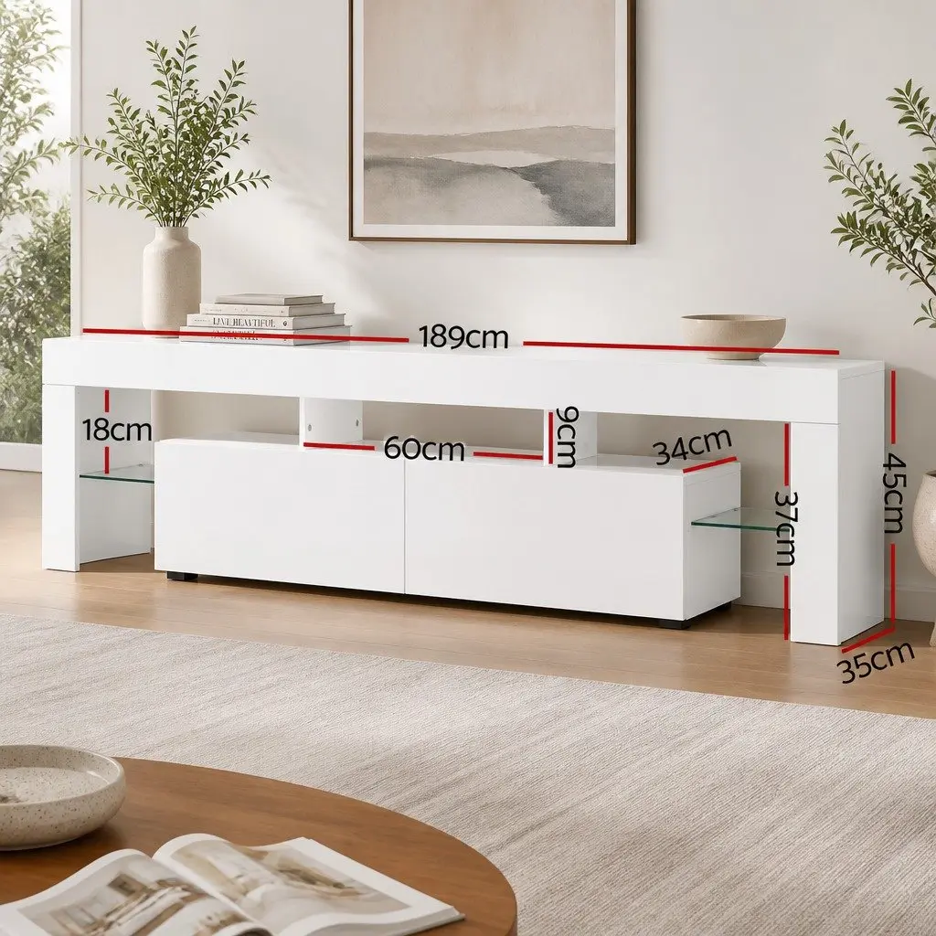 LED TV Unit White 189cm RGB Lighting Storage Drawers Glass Shelf